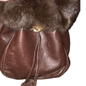 Stuart Weitzman dark brown leather crossbody bucket bag genuine mink fur trim